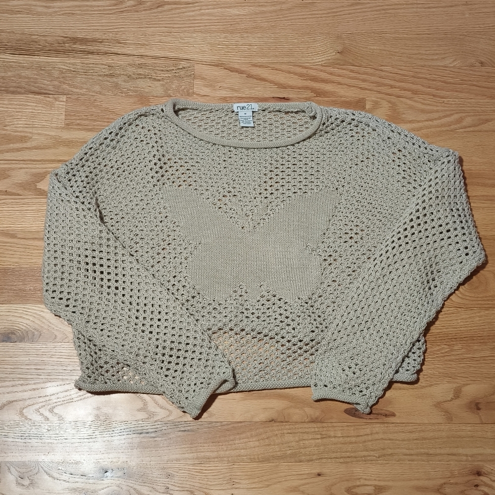 rue21 Beige Open-Knit Butterfly Crewneck Sweater